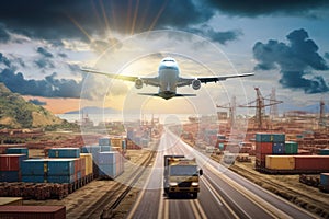Global business logistics import export concept airplane truck train ship container Generative AI