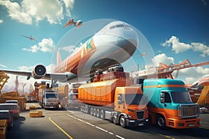 Global business logistics import export concept airplane truck train ship container Generative AI