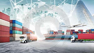 Global business logistics import export concept, container truck, ship in port and freight cargo plane in transport