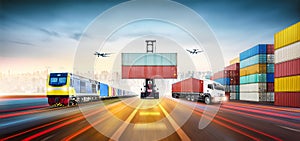 Global business logistics import export and container cargo freight train, cargo plane, container truck on highway