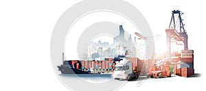 Global business logistics import export of containers cargo freight ship loading at port by crane, container handlers