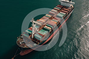 Global business logistics import export freight shipping transportation. Cargo vessel in seaport, aerial view. Generative AI