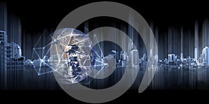 Global business and networking, Double exposure Globe with network connection lines and modern buildings, on black background. Ele