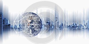Global business and networking, Double exposure Globe with network connection lines and modern buildings, on white background. Ele
