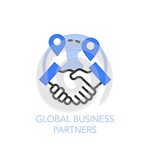 Global business partners symbol with a hand shake and a globe