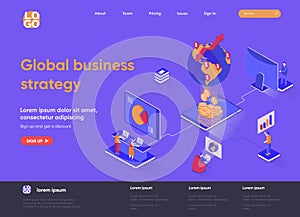 Global business strategy isometric landing page. International corporation management isometry concept. Data analysis and strategy