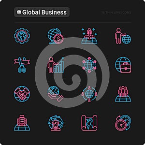 Global business thin line icons set
