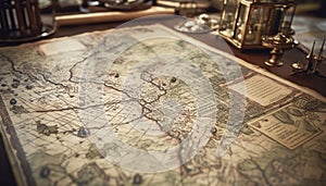 Global business travel plans sketch ancient world map on table generated by AI
