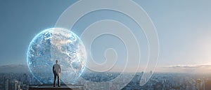 Global Business Vision Man on Rooftop Views Digital Earth