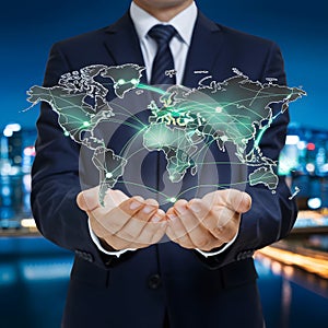 Global businessman holds digital world map with connected lines, symbolizing global connectivity