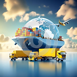 Global Cargo Odyssey: Container Transport Concept in Yellow Tone with Truck, Van, and Airplane on Gradient Background
