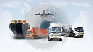 Global cargo transportation, container ship, truck, prime mover, plane, on world map background. Logistics and supply chain.
