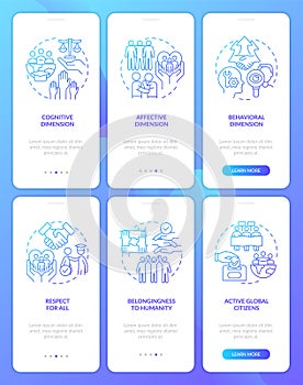 Global citizenship blue gradient onboarding mobile app screen set