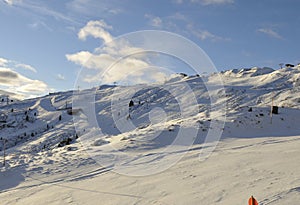 Global clima change: Empty skiaerea with artifical snow in Hochzillertal valley, Tyrol photo