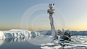 Global climate change. Statue of liberty frozen in ice. Statue Of Liberty Rising Sea Levels. Global warming and enviroment concept