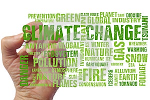 Global climate changes text words background