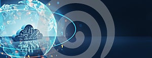 Global cloud computing, information, data exchange and storage concept with digital cloud symbol and digital world sphere on