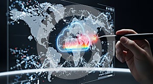 Global cloud computing network visualization with hand interacting with digital interface
