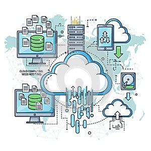 Global cloud computing web hosting network and data flow diagram isolated on white background