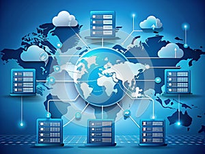 Global Cloud Network Illustration Visualizing Interconnected Servers and Data Flow for Modern Technology Solutions