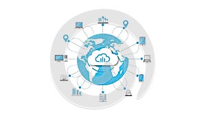 Global Cloud Networking Concept: Cloud Centered World Map with Connected Devices