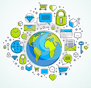 Global communication concept, planet earth with different icons set, internet activity, big data, global network connection,