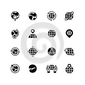 Global communication, globe and geography icons. Earth planet, world map and travel simple vector symbols isolated