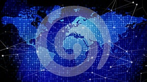 Global communication and map lines connecting dots of binary code in digital world of cyber security and technology news