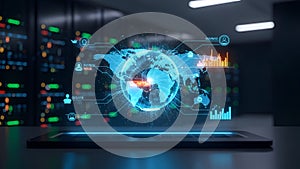 Global communication network technology with planet earth on digital interface with business analysis data information server room