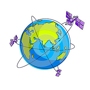 Global communication technology satellites flying orbital spaceflight around earth, spacecraft space stations with solar panels