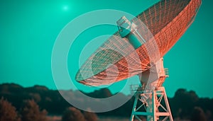 Global communication via satellite dish connects industry to nature exploration generated by AI
