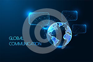 Global communication, worldwide interaction, futuristic concept with Earth globe and speech bubbles