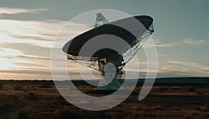 Global communications explore space with radio telescope at sunset generated by AI