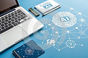 Global concept of artificial intelligence on blue background photo