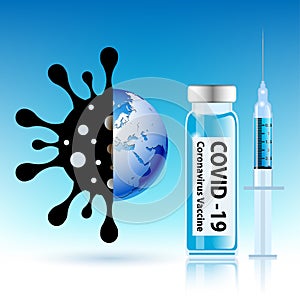 Global Concept of virus. Covid-19 coronavirus vaccine, syringe and vial injection