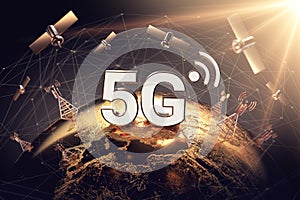 Global connectivity concept with worldwide communication network and 5G word. Focused above territory of Europe concept. 3D