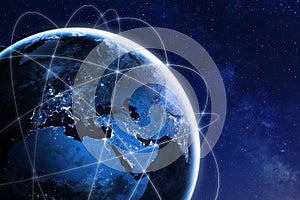 Global connectivity concept with worldwide communication network connection lines around planet Earth viewed from space, satellite photo