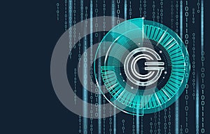 Global cryptocurrency GCC coin geometric glowing symbol. 3d render hud target display digital electronic banking future
