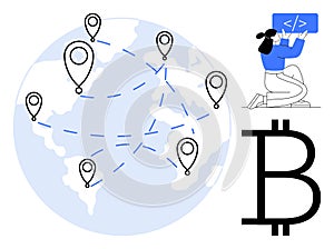 Global Cryptocurrency Network with Programmer and Bitcoin Symbol