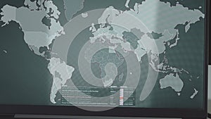 Global cyber attack with world map on computer screen. Internet network communication under cyberattack. List of attacks