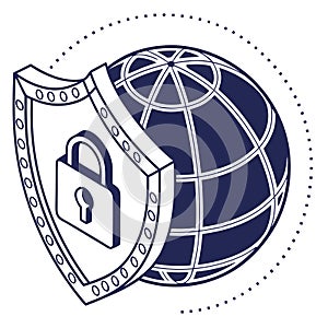 Global cybersecurity concept with shield and padlock protecting network data