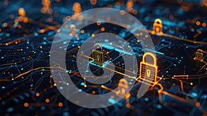 Global cybersecurity map with glowing locks and network lines on a dark background, vibrant blue and yellow colors