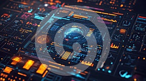 Global data analysis system displaying abstract digital interface