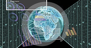 Global data analytics image over digital Earth with charts and graphs