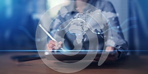 Global Data Interface and Business Network Visualization Projected on Virtual Screen