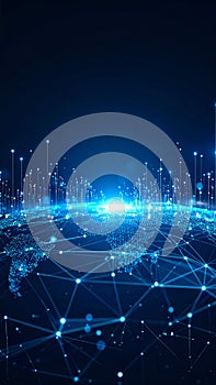 Global data network with bright node connections forms digital world map in a technology business concept.