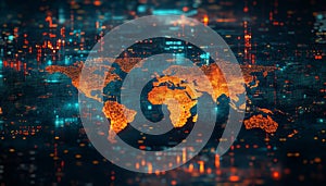 Global Data Network Digital World Map with Glowing Pixels and Abstract Lines, Technology Concept