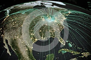 Global Data Network Visualization: Illuminated Connections Across Continents.