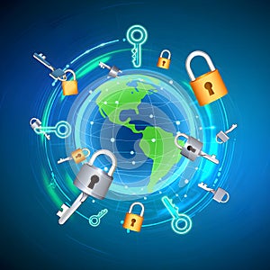 Global data security concept with keys and locks around the world