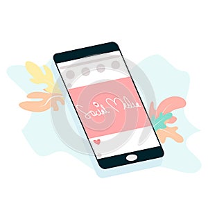 Global data sharing concept vector illustration using mobile smartphone to see posts in social networks. Flat smart phone of socia